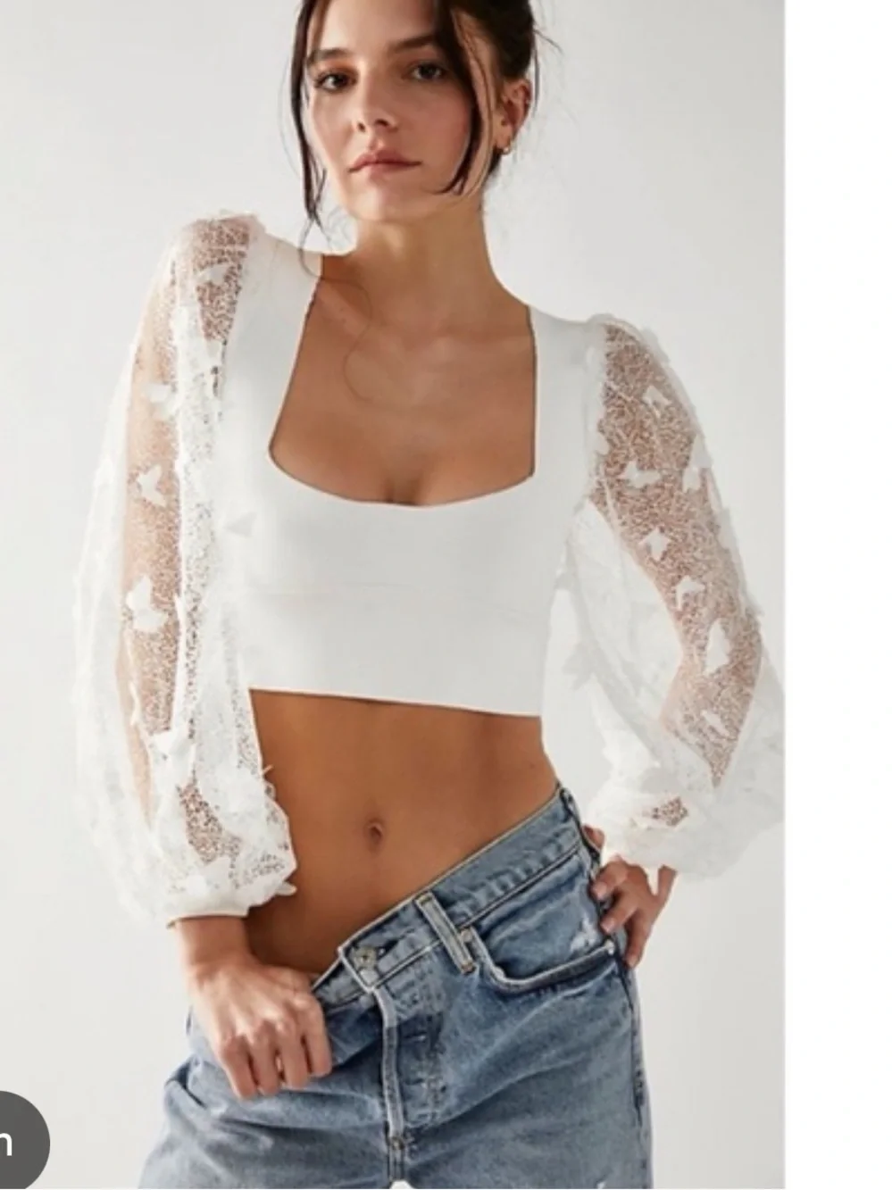 Free People White FlutterBy Flutter Crop long sleeve Butterfly Lace Crochet